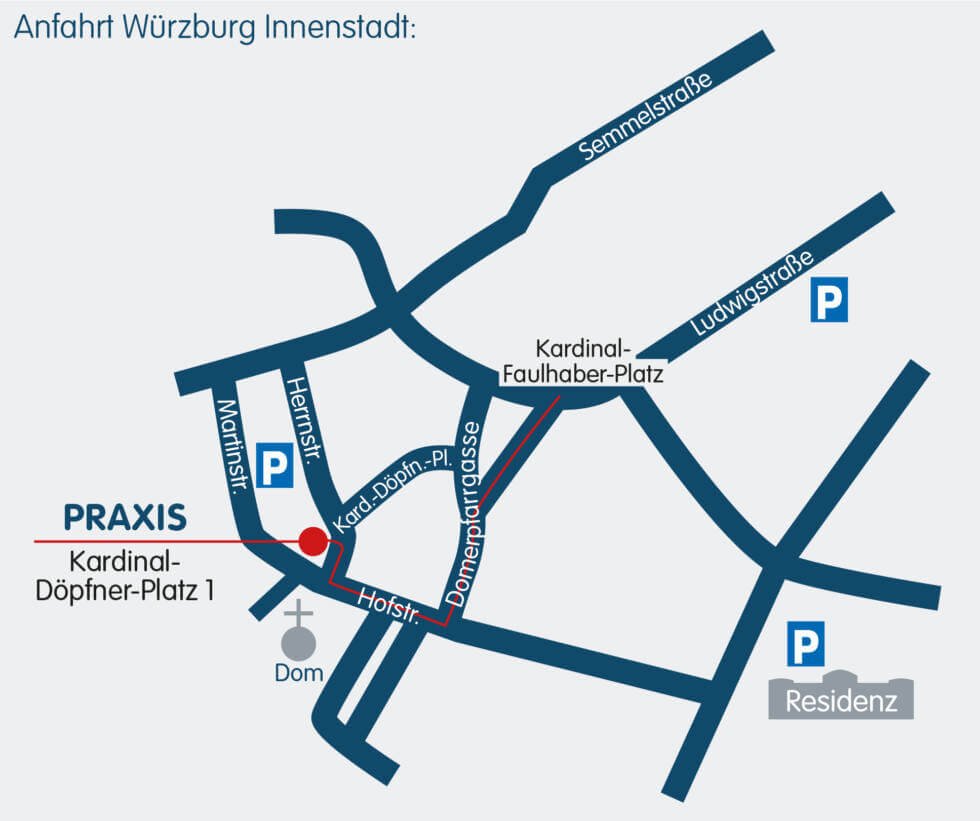 Lageplan: Anfahrt zum Augen-Op-Zentrum am Dom, Kardinal-Döpfner-Platz 1 in Würzburg. Lageplan: Anfahrt zum Augen-Op-Zentrum am Dom, Kardinal-Döpfner-Platz 1 in Würzburg.