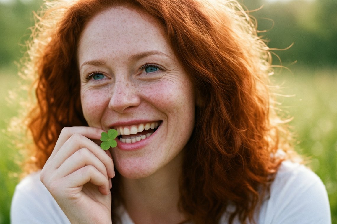 Lächelnde junge Frau mit roten Locken auf einer Sommerwiese. Symbolbild für Lebensfreude und unbeschwertes Sehen ohne Brille. Lächelnde junge Frau mit roten Locken auf einer Sommerwiese. Symbolbild für Lebensfreude und unbeschwertes Sehen ohne Brille.