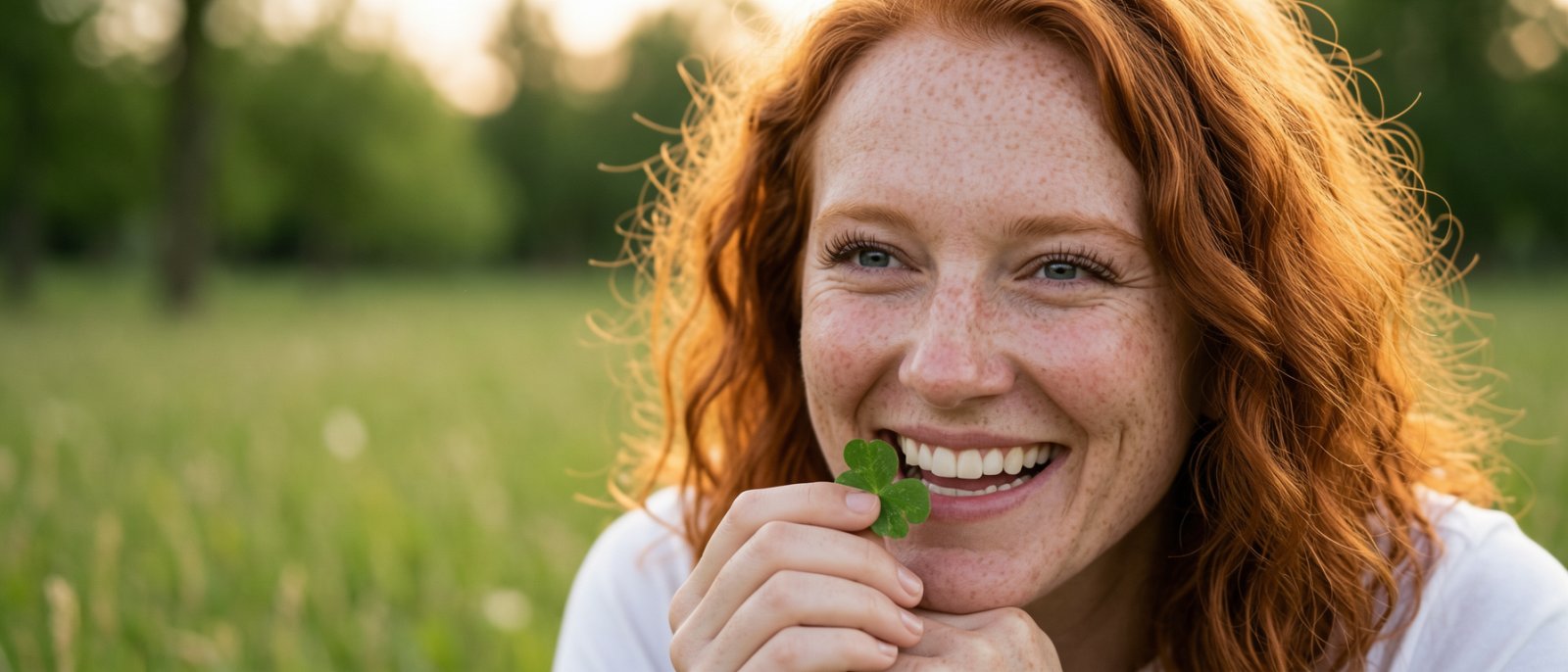 Lächelnde junge Frau mit roten Locken hält ein vierblättriges Kleeblatt auf einer Sommerwiese. Symbolbild für Lebensfreude und unbeschwertes Sehen ohne Brille.